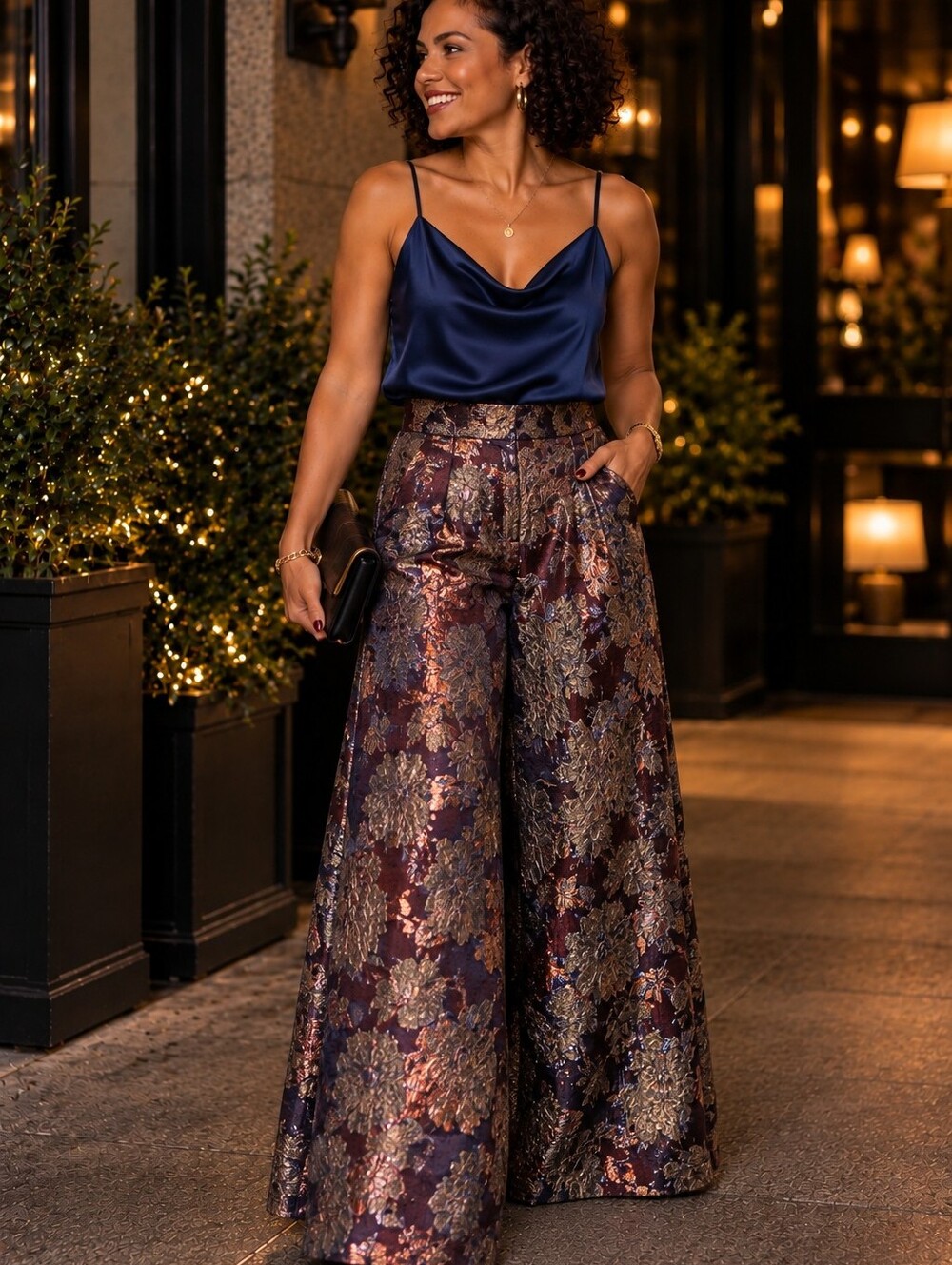 AKIRA Metallic Floral Wide-Leg Pants in Blue and Brown